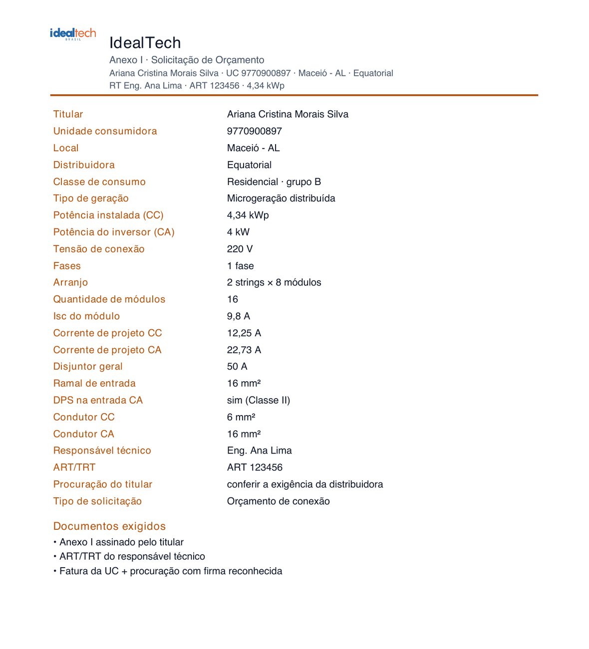 Anexo I Solicitação de Orçamento da Equatorial preenchido com titular Ariana Cristina, UC, potência 4,34 kWp e lista de documentos exigidos.