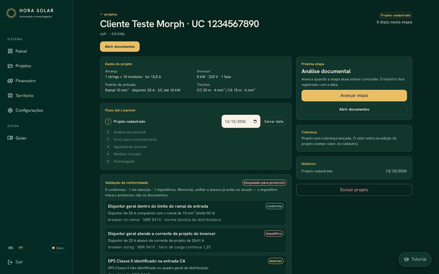 Ficha do projeto no Hora Solar com o botão Abrir documentos acima da dobra e o aviso de que o impeditivo trava o protocolo, não os documentos.