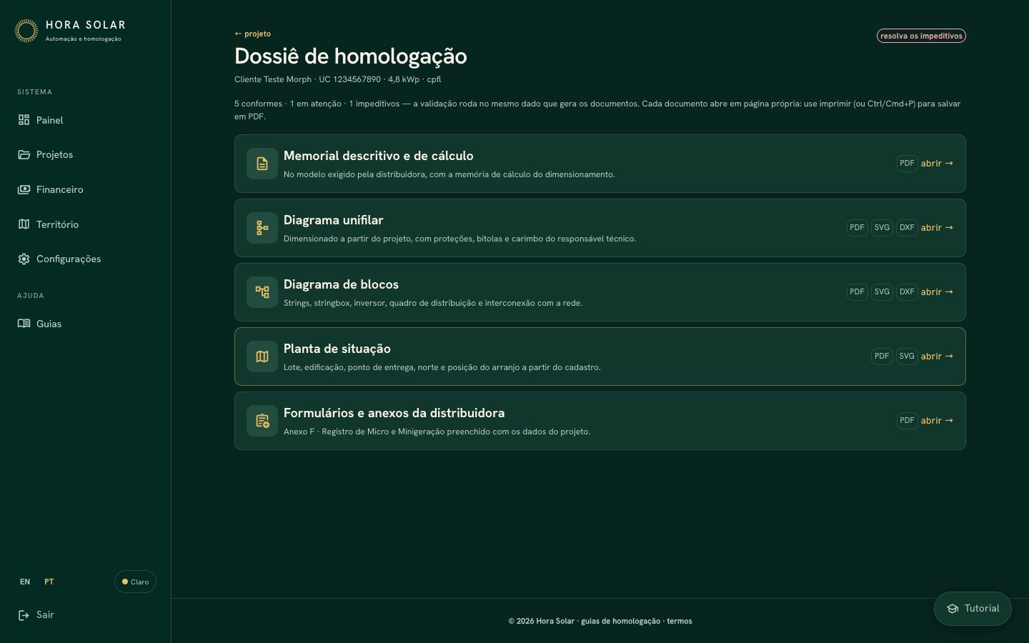 Lista do dossiê de homologação com memorial, unifilar, diagrama de blocos, planta de situação e formulários da distribuidora, cada um com PDF.