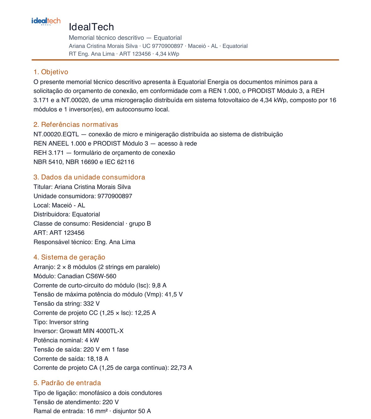 Memorial técnico descritivo da Equatorial, projeto 11, com logo IdealTech, seções Objetivo, Referências normativas, Dados da UC, Sistema de geração e Padrão de entrada.