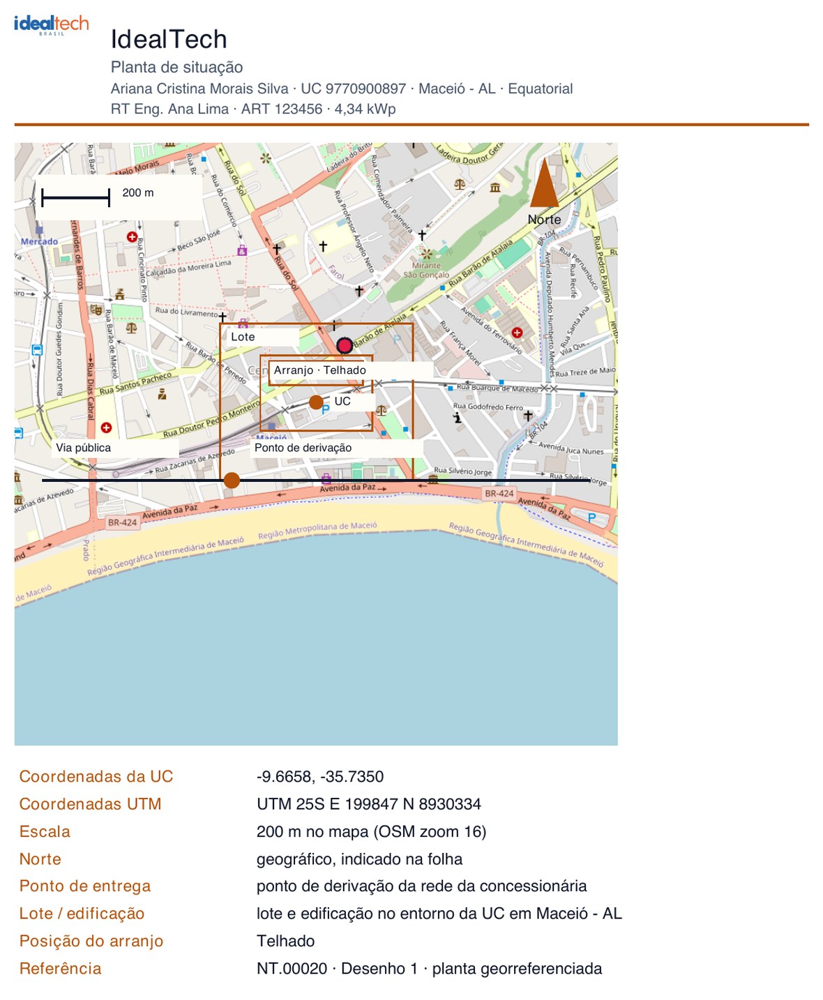 Planta de situação georreferenciada do projeto 11 em Maceió: mapa OSM, UTM 25S, norte, escala 200 m, via pública, ponto de derivação e arranjo no telhado.